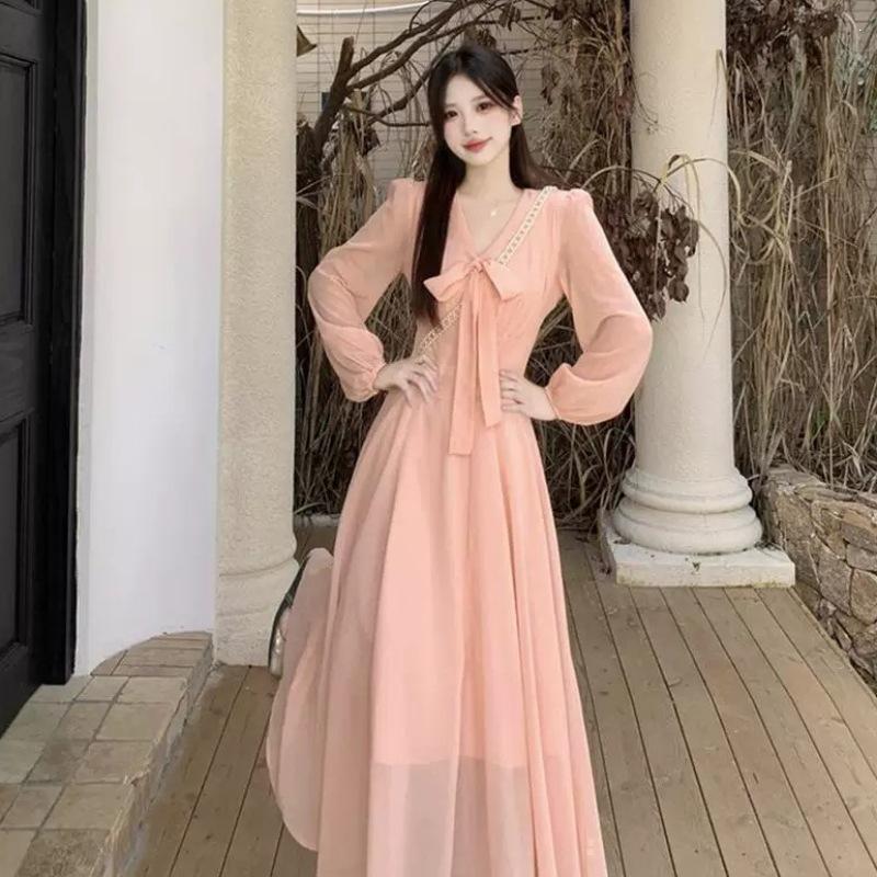 French gentle V-neck bow lace-up dress women's large size fat mm high-end super fairy pink long-sleeved skirt