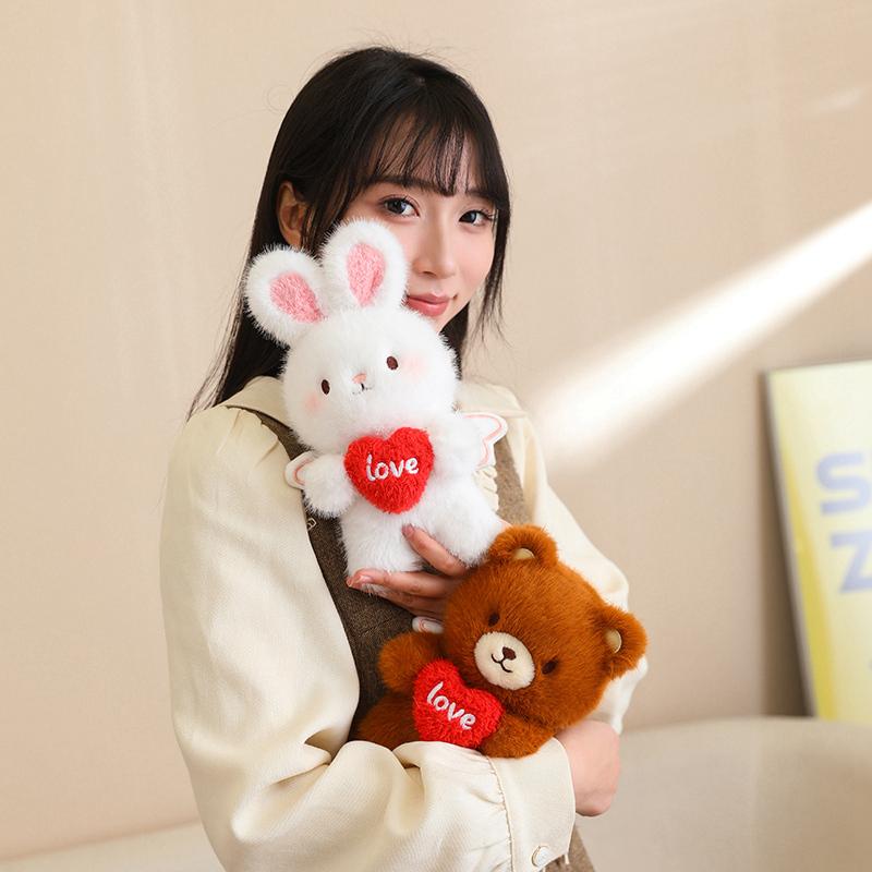 20Cm Angel Sweet Animal Plush Toy Stuffed Standing Brown Bear White Rabbit Holding Red Heart I Love You Valentine'S Day Gift