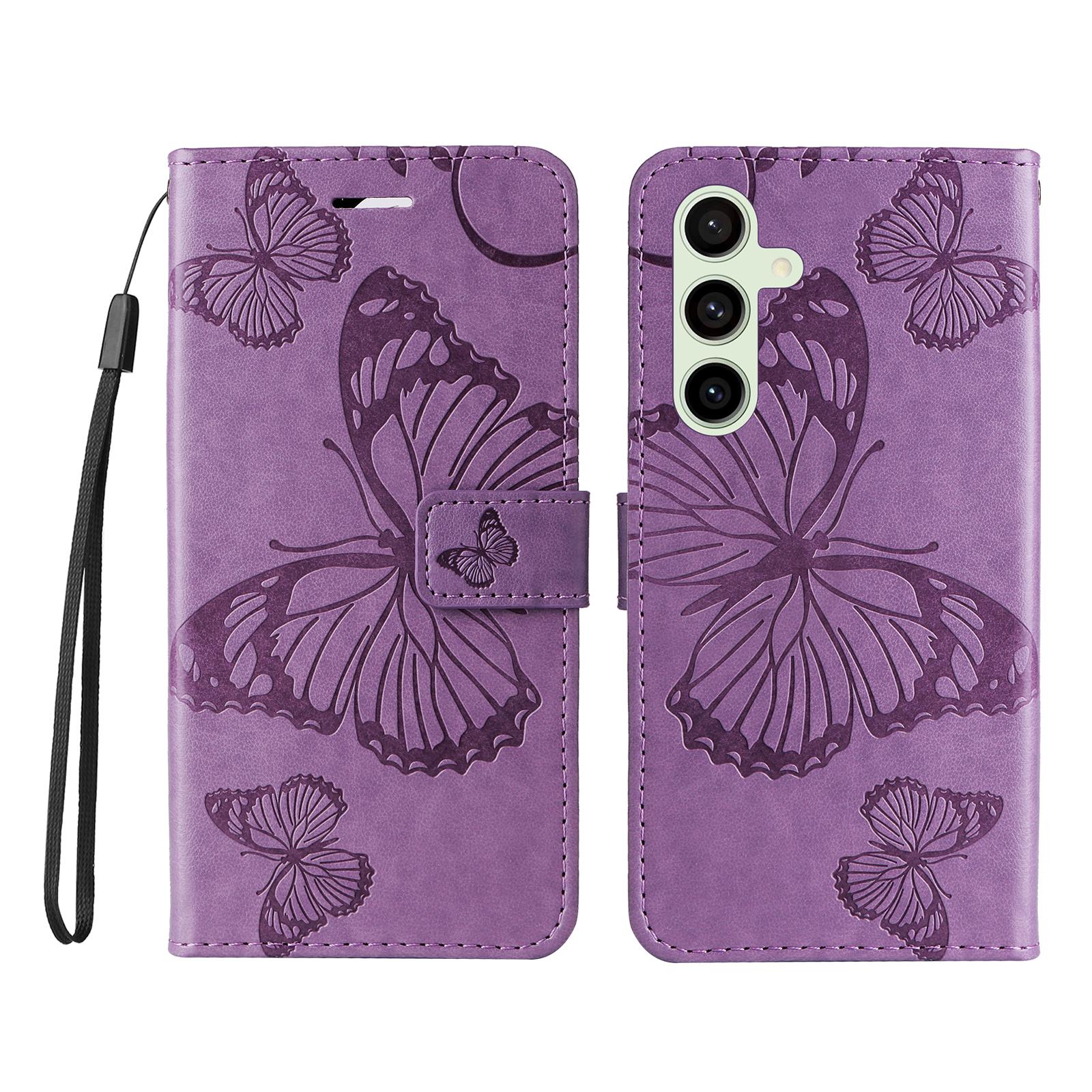 

For Samsung Galaxy S24 FE Wallet Case Floral Butterfly Imprinted Leather Phone Cover Stand Purple
