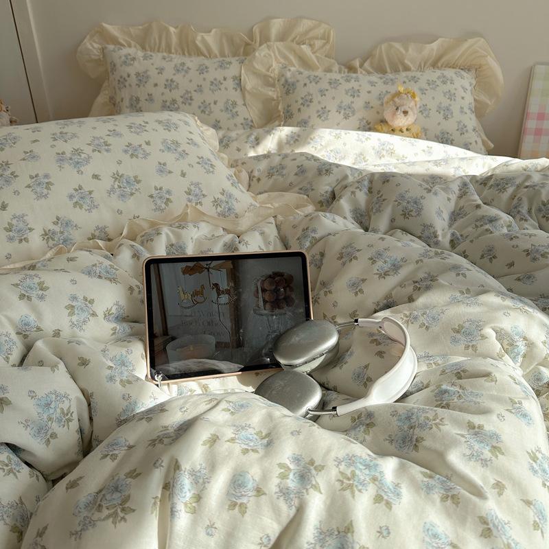 Cotton Double-Layer Yarn 4Pcs Set, Small Lotus Leaf Edge, Fresh Pure Cotton Gauze Quilt Cover, Bed Sheet