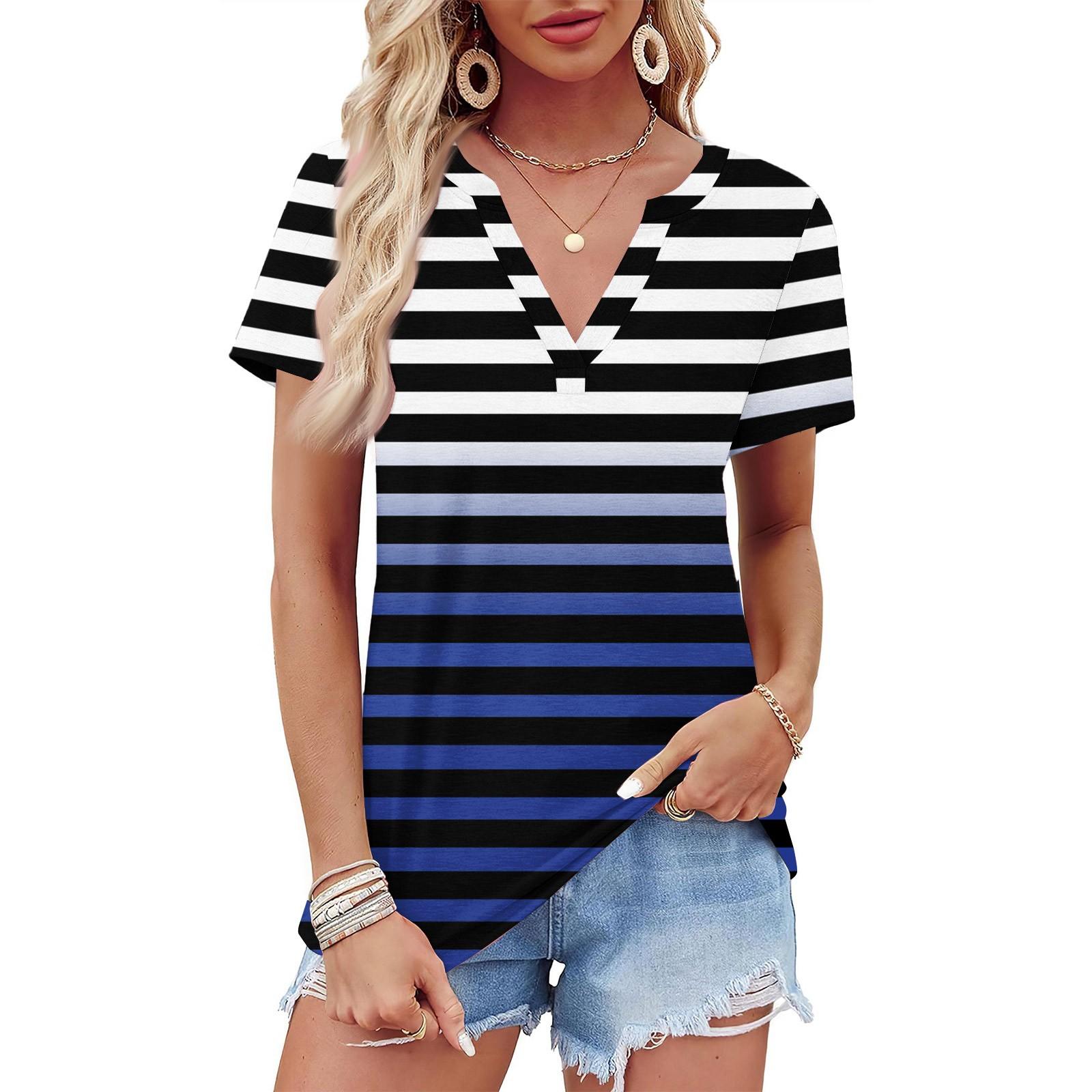 

Women s Summer Gradient Stripe Print Short Sleeve V Neck Shirt Business Casual Loose T-Shirt Trendy Fashion Clothing Tops S синий