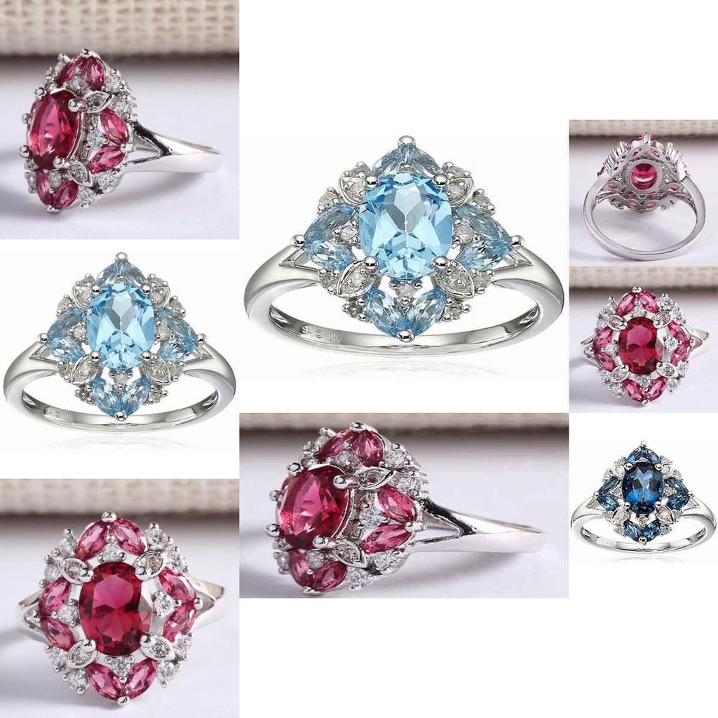 Magnificent Silver Plated Rings With Oval Cut Natural Blue Sapphire And Rhinestones