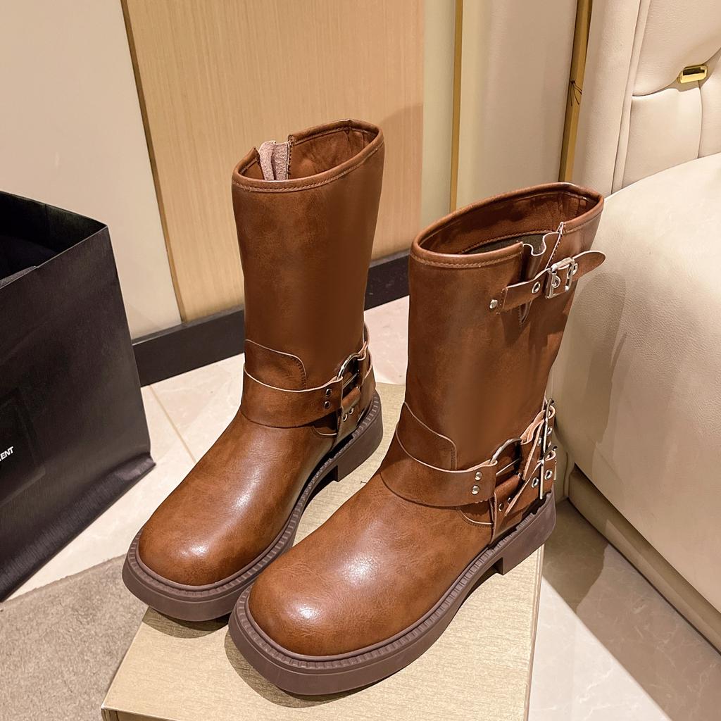 Autumn and Winter New Soft Leather Spice Girls Tooling Boots Women's Locomotive Boots Medium Boots New Thick Heel Knight Boots