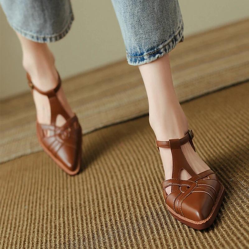 Fashion Summer Women Sandals Split Leather Shoes for Women Pointed Toe Chunky Heel Shoes Giadiator Sandals Narrow Band Handmade Shoes
