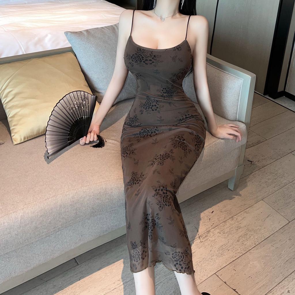 French Retro Sexy Floral Suspender Dress Women's Summer Backless Temperament Slim and Thin Hip-wrapped Long Skirt