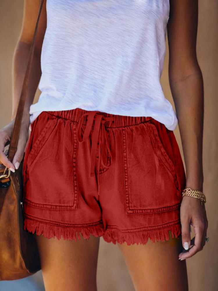 

Elastic Waist Casual High Waist Skinny Tassel Denim Shorts Women s Large Size Shorts 3XL червоний