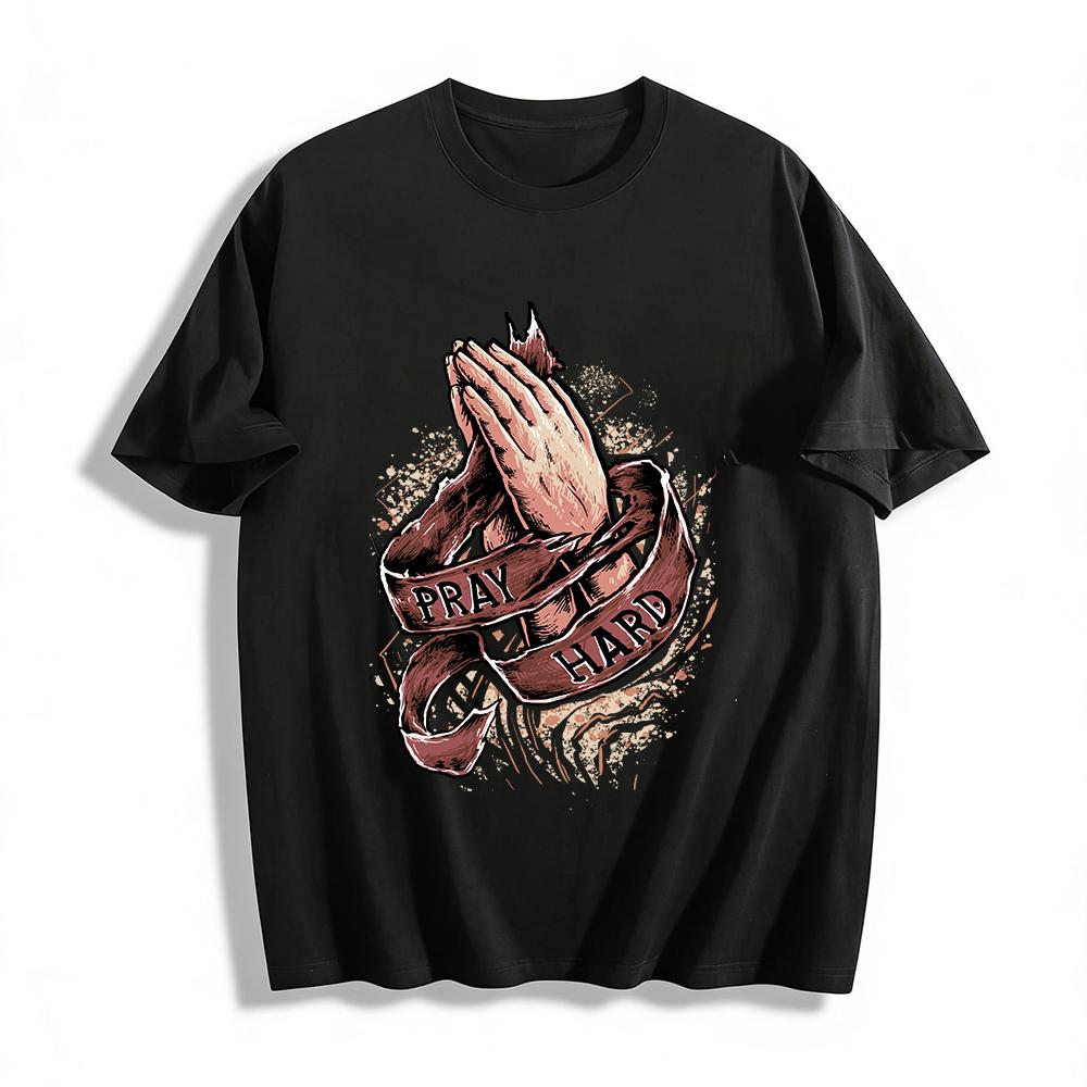 Vintage Pray Hard Graphic Tee Streetwear Casual Crewneck Top Pure cotton T-shirt XXS