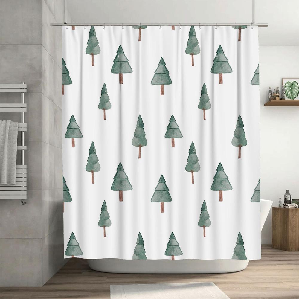 Green Pine Tree Printed Shower Curtain Home Decor Bath Linen Set Watercolor Christmas Trees Design Waterproof Fabric for Bathtub