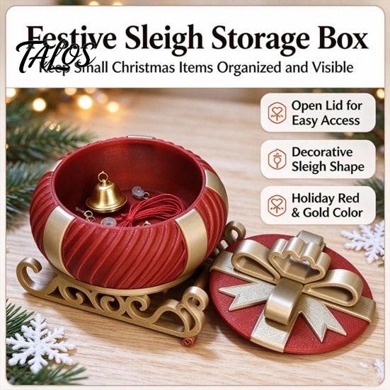 Seasonal Storage Box 3D Printed Christmas Sleigh Box, Holiday Decorative Container Festive Table Centerpiece with Lid, Desk Organizer for Jewelry