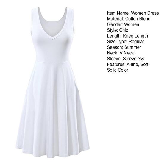 Frauen Kleid V-Ausschnitt ärmellos A-Linie locker Saum große Schaukel reine Farbe hohe Taille OL