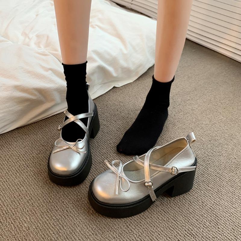 Fashion Women's Fashion Chunky Single Shoes Spring New Round Head Shallow Mouth Butterfly Knot Line with Platform Non-slip High Heels