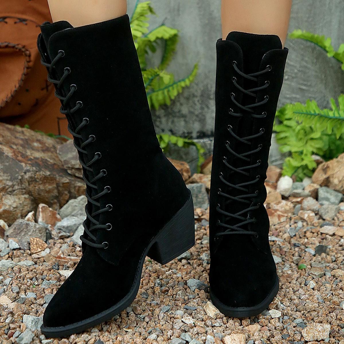 Women s boots 2026 autumn and winter mid length fashion boots suede lace up pointed thick heel women s boots 36 чёрный