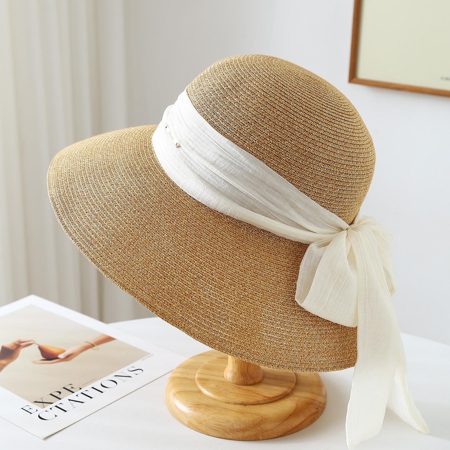 

New French-Style Straw Hat With Ribbon Bow, Hats Women Summer Seaside And Beach Use Wide Brimmed Sunhat 56-58cm хаки