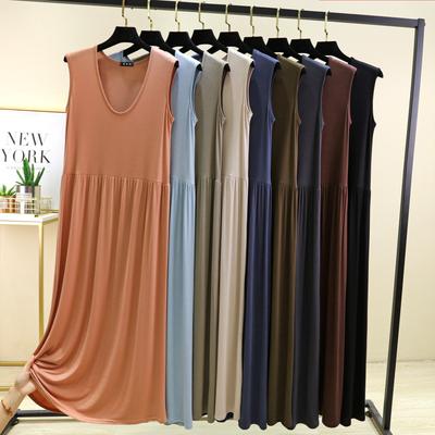 Plus Size L To 6XL Women's Dress Modal Sleeveless Tank Dress Pleated Sleepdress Mid-Length Waist-slimming Dresses Loose Homewear