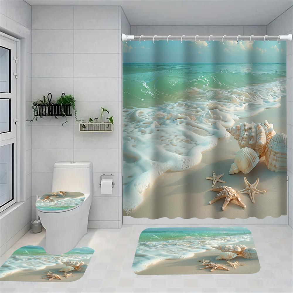 1/4 Marble Veining Shower Curtains, Toilet Seat Decoration, Shower Curtain With Carpet And Toilet Lid, 70.8X70.8 Inch
