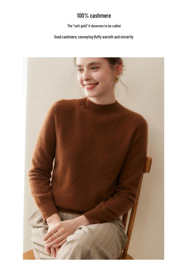 Women's Pure Cashmere Semi-High Neck Sweater - Autumn/Winter High-Quality Knit Base Layer