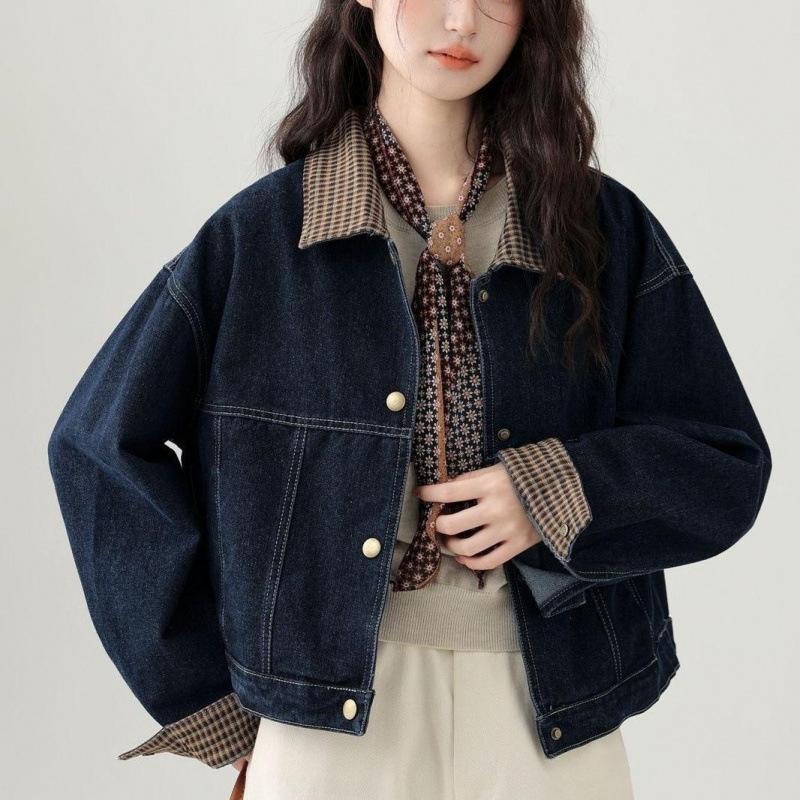 2025 A/W Hong Kong Style Plaid Patchwork Lapel Denim Short Jacket for Women - Trendy Petite Top