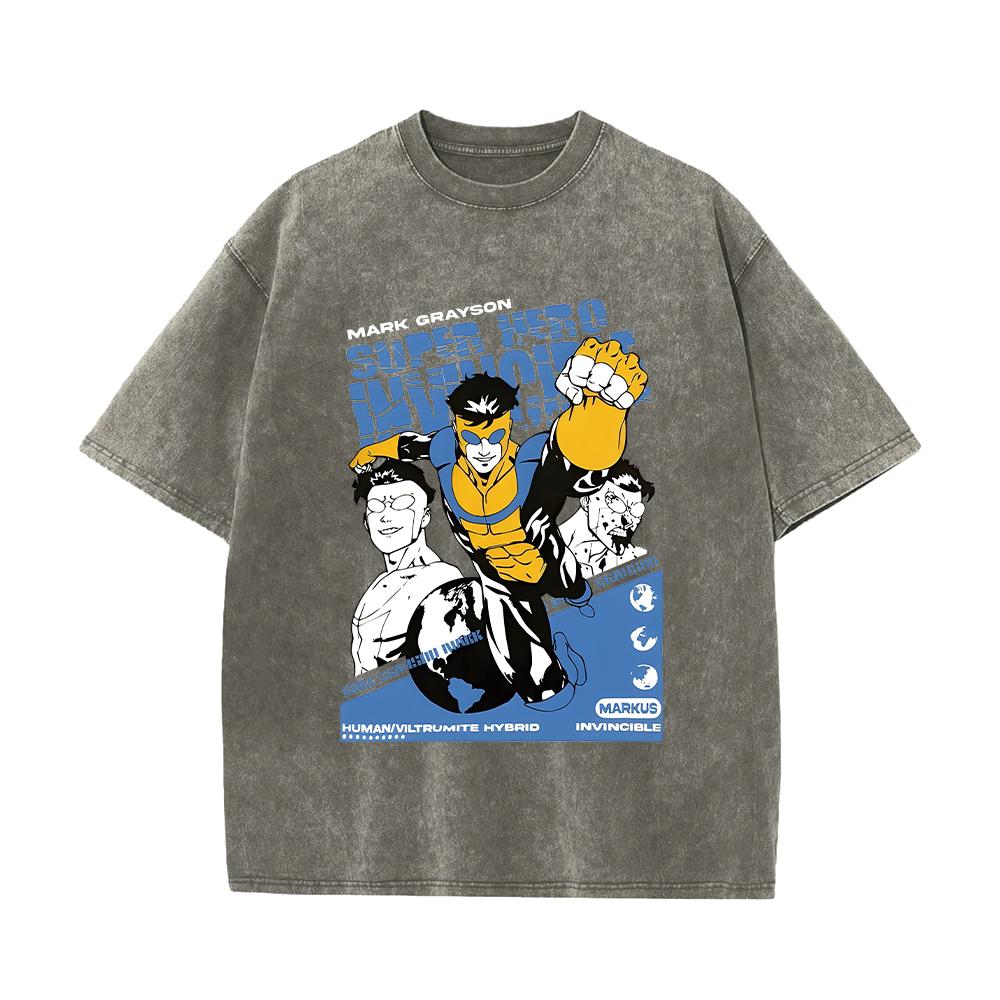 Ladies Invincible Hero Vintage Printed Tees Cotton Loose Washed T-Shirt Clothes Vintage Short Sleeve Crew Neck T-Shirt Unisex