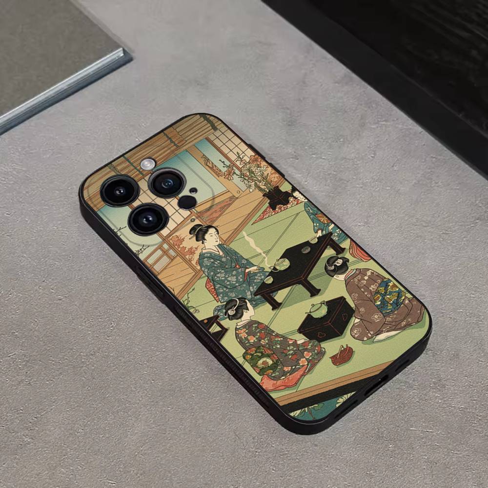 Japan Style Ukiyo-e New For iPhone 17,16,15,14,13,12,11,Pro,Max,Plus,E,SE4,Air,Mini Black Soft Cover Phone Case