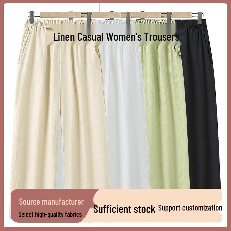 

Breathable Linen Casual Women s Straight-Leg Pants - Summer Elastic Waist for Middle-Aged & Elderly 3XL абрикосовий