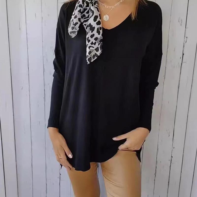 Women's Long Sleeve V-Neck Knitwear: European & American Style Loose Fit Solid Pullover Top