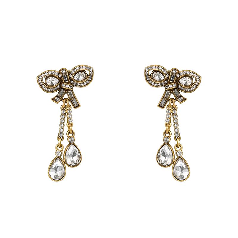 Retro Rhinestone Bow & Tassel Zircon Pendant Earrings - Lively, Sweet & Cool Silver Needle Studs