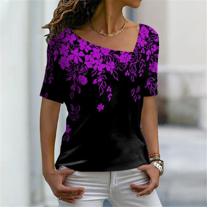 Šikmý límec Květinový Digitální 3D Tisk Harajuku Dámské Tričko Krátký Rukáv Letní Neformální Personalizované Dámské Vrchní Oblečení