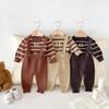 Korean Style Children's Knit Stripe Pullover and Overalls Set for Autumn/Winter