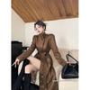 2025 Autumn/Winter High-End Leather Trench Coat with Tie-Waist and Stand-Up Collar