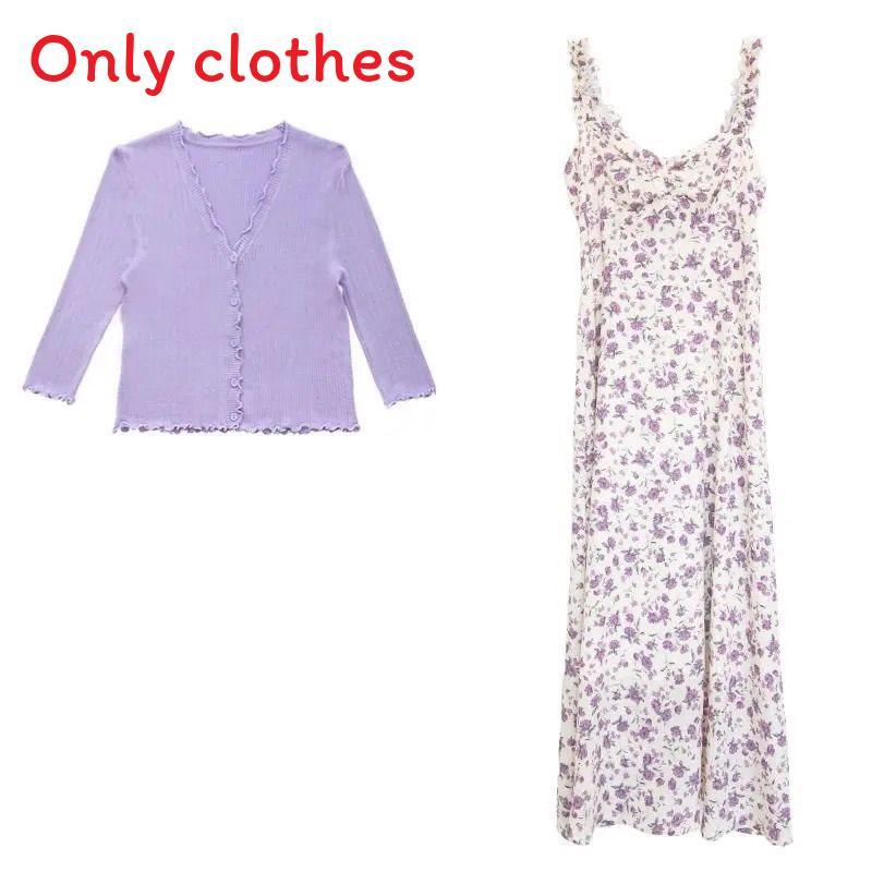 Summer Purple Dress Set With Sunproof Floral Cardigan For Women