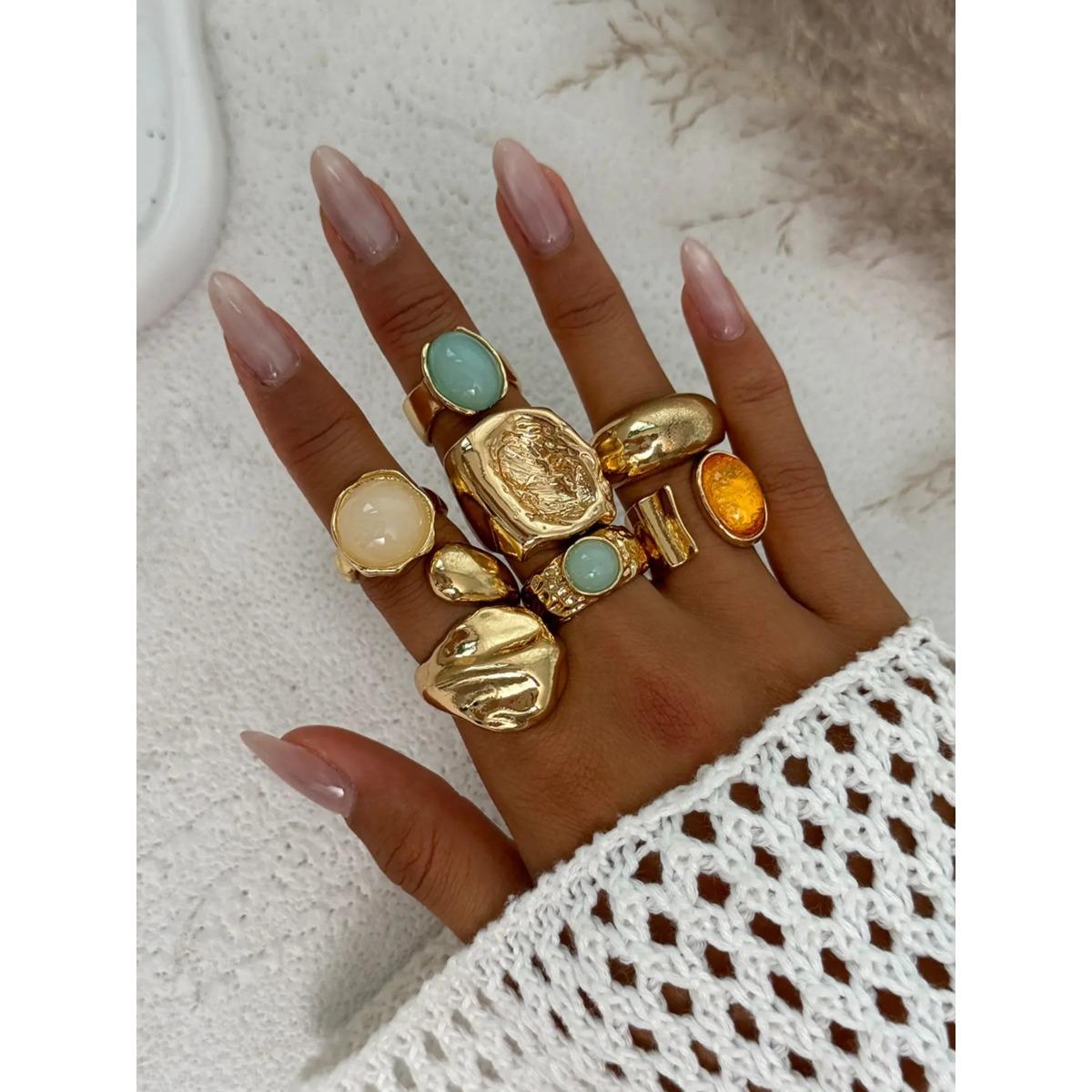 

7 Pieces Women s Vintage Fashion Geometric Design Ring Set, Bold Metal Rings, Perfect for Daily Wear & Party, Jewelry Gifts золотой