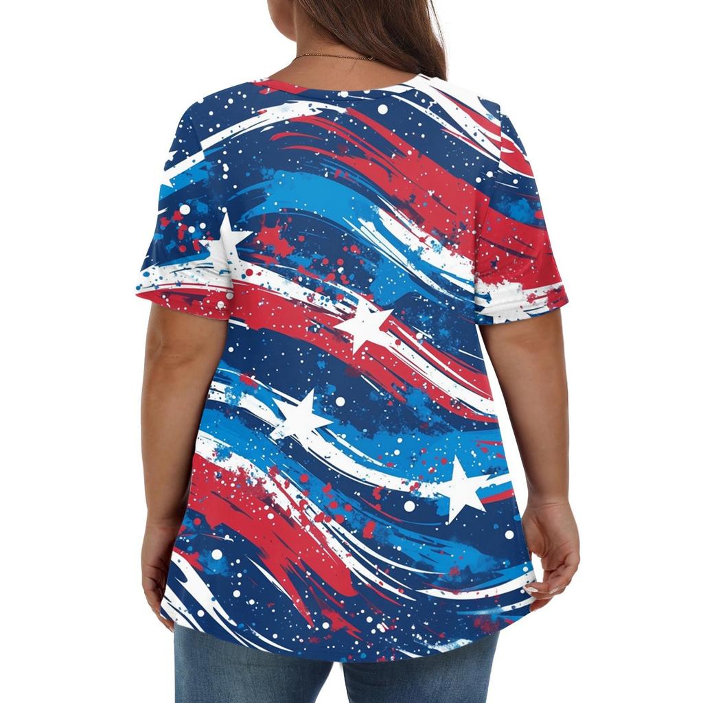 Damenmode Lässig V-Ausschnitt Pullover Kurzarm Übergröße Bedrucktes T-Shirt Top