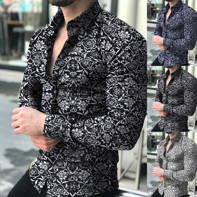 Moda Erkek Çiçek Baskılı Slim Fit Uzun Kollu Düğmeli Devrik Yaka Gömlek Üst