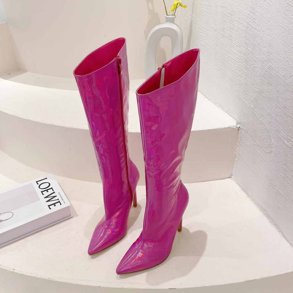 Fashion Street Style Pointed Toe Women Knee-High Boots Mirror Patent Leather Strippers Sexy Runway Party Stiletto High Heel Shoes