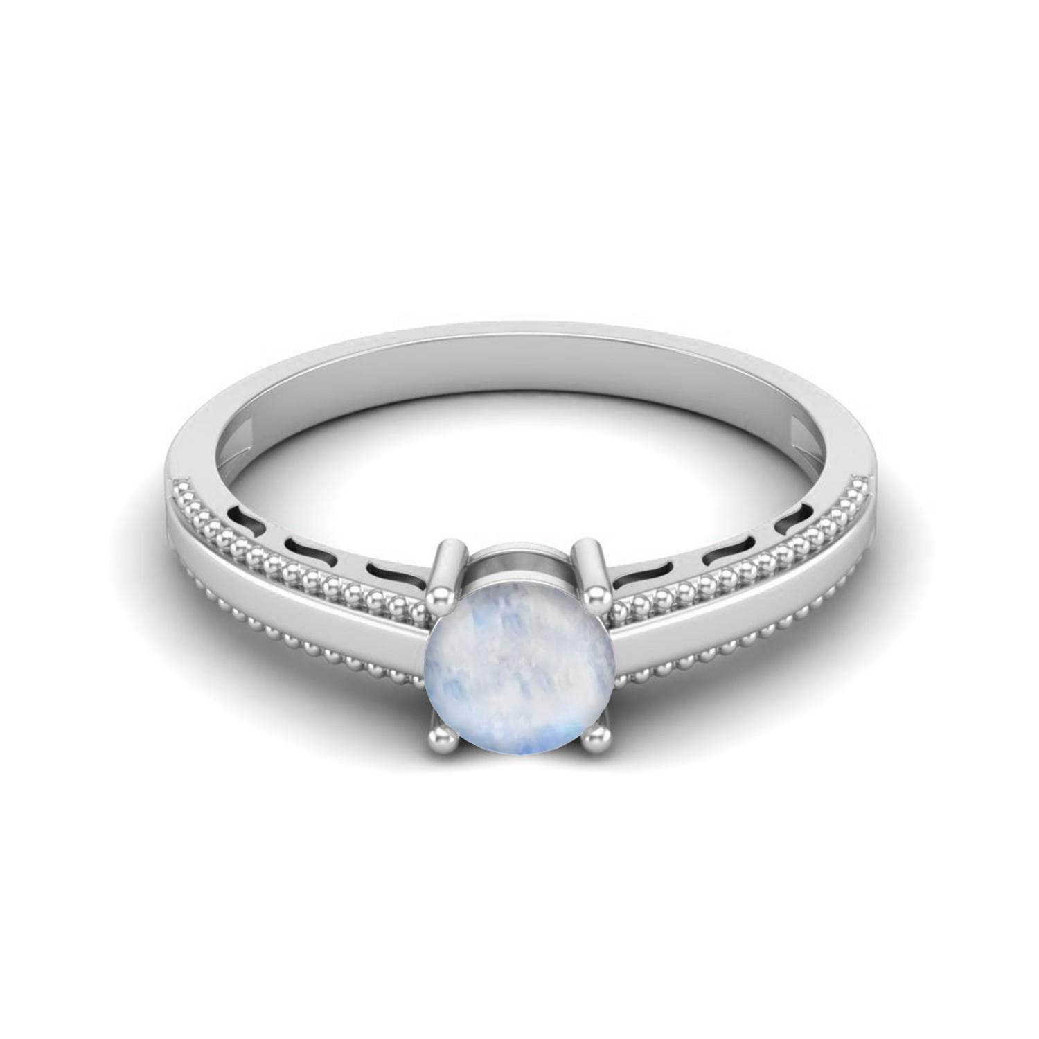 

925 Sterling Silver 0.50 Cts Round Moonstone Solitaire Beaded Shank Anniversary Women Ring 9 белый
