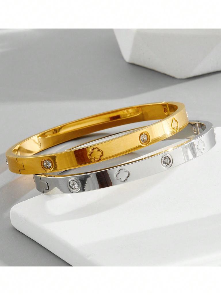 1 Piece Stainless Steel Fashion Clip-On Open Clover Bracelet with Zirconia Suitable for Daily Wear and Holiday Gifts