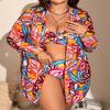 European & American Sexy Three-Piece Bikini Set - Printed Plus Size Swimwear