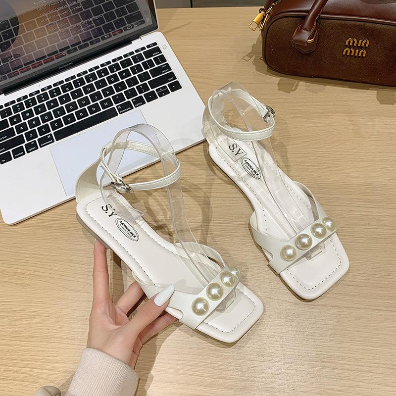 

2025 new fashion pearl one-word sandals women s summer wear high-end sense with skirts versatile beach shoes 35