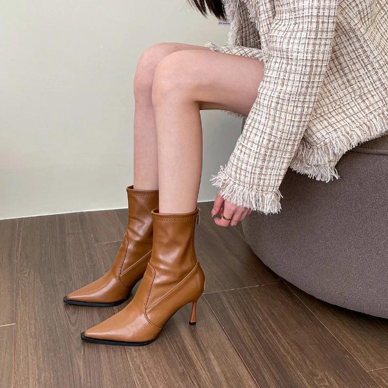 Jaro/podzim Tenké podpatky Moderní kozačky Vysoký podpatek Kotníkové Nazouvací 2024 Horký prodej Dámské boty Špičatá špička Šití Sexy Dámské kozačky