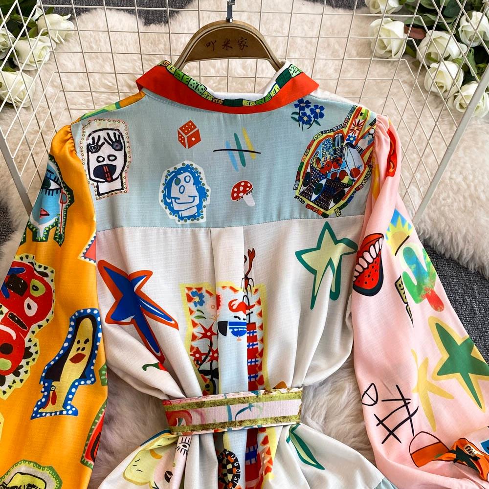 Frühling Herbst Damen Marke Designer Print Laufstegkleid Umlegekragen Hemd Feiertagsparty Kleider