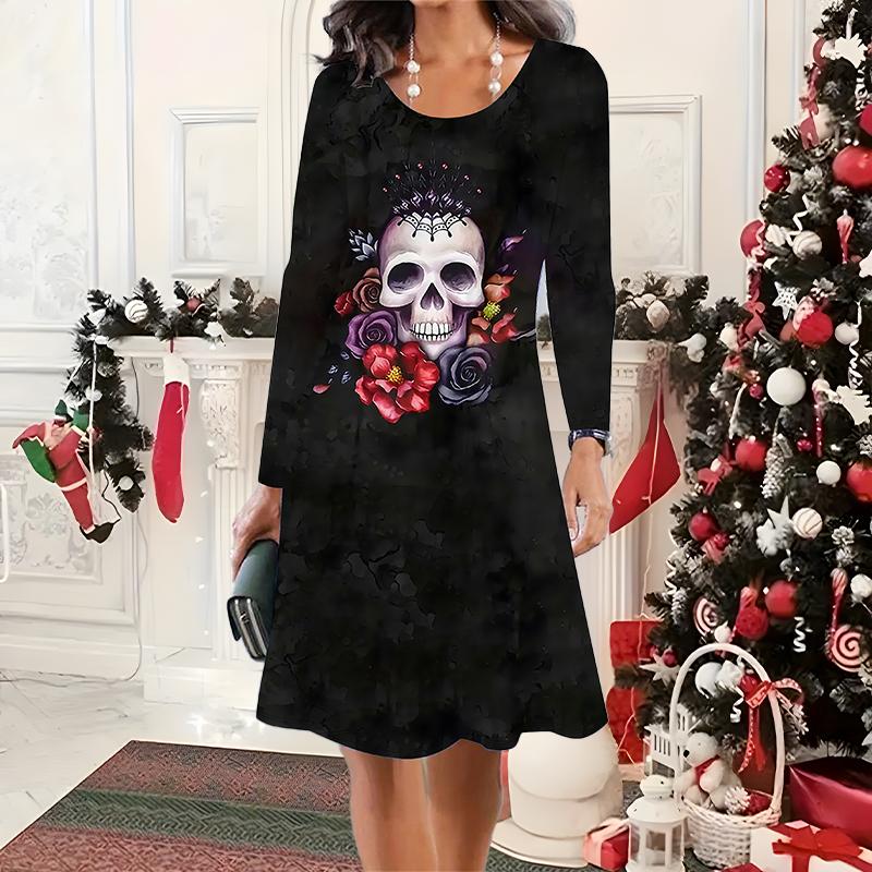 2025 Toamnă & Iarnă Femei Rochie Nouă Casual cu Gât Rotund Model 3D de Halloween Cadou Ideal de Halloween Crăciun