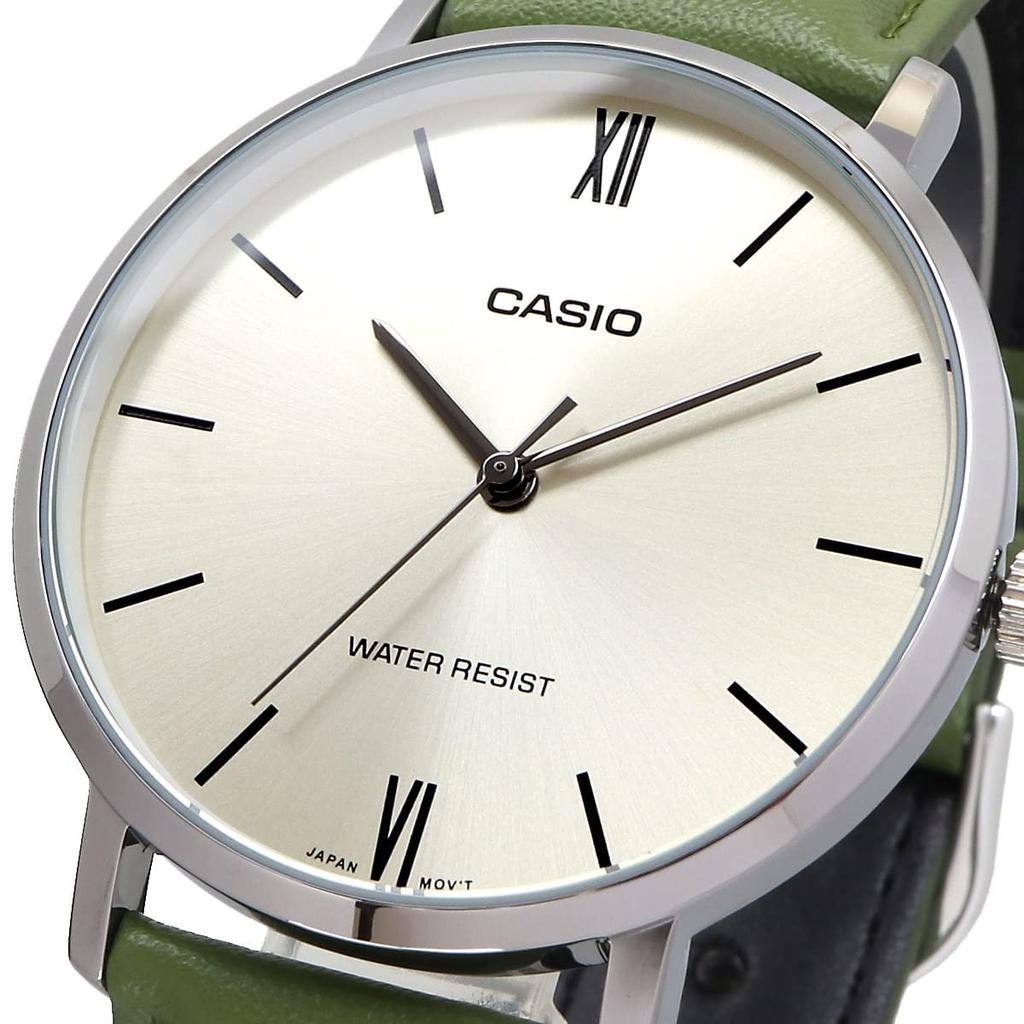 Casio Zegarek Kwarcowy Srebrny ze Skórzanym Zielonym Paskiem Model Międzynarodowy Męski MTP-VT01L-3B, [Używany]