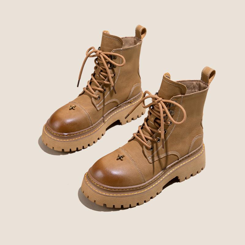 Leather platform Martin boots women's new British style cowhide 2025 spring and autumn single boots locomotive versatile velvet women's short boots