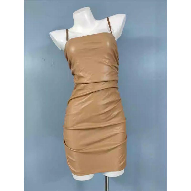 

Export Single Lu s Cross-Border Export Style Pu High-Texture Sling Open Back Ruched Skinny Sheath Work Clothing Ol Dress