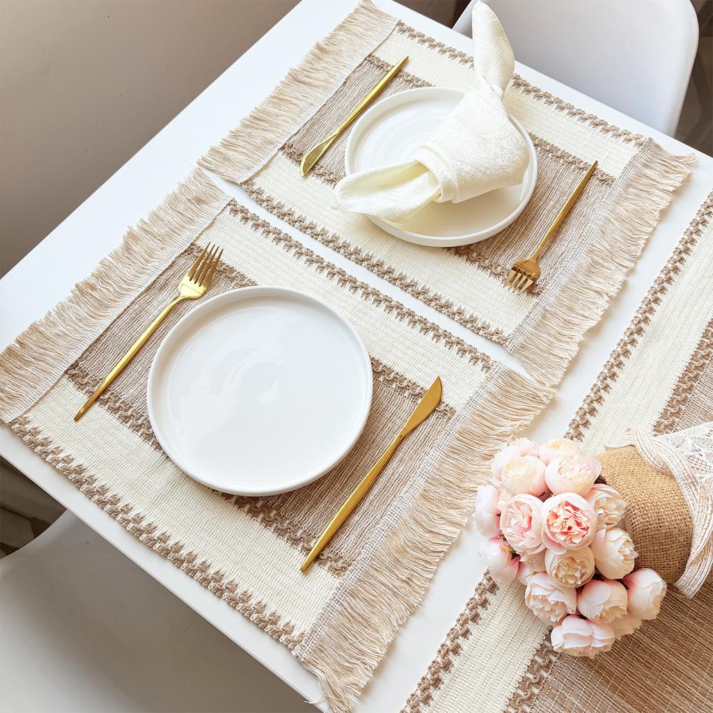 Cotton and linen tassel placemat pastoral variegated woven table flag ins striped thermal insulation pad wide strip cotton and linen color matching