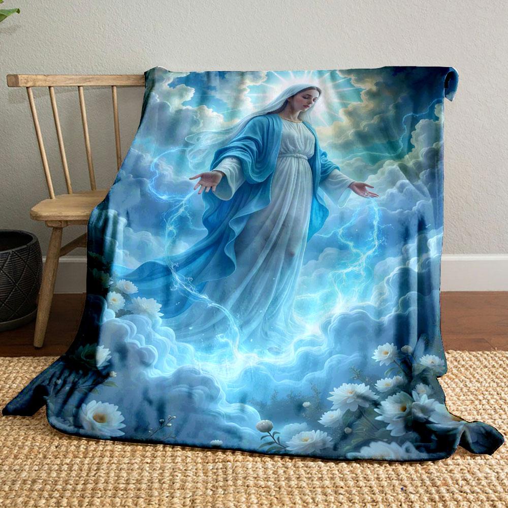 Virgin Mary Clouds White Flowers Blanket Printed Blanket for Living Room Bed Couch lunch break Soft Cozy Blanket for Friend's festival Gift