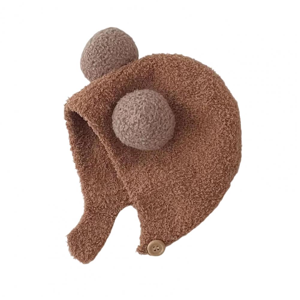 Children Acrylic Hat Kids Warm Hat Kids Winter Hat with Bear Ear Design Button Closure Elastic Band Solid Color Winter Cap