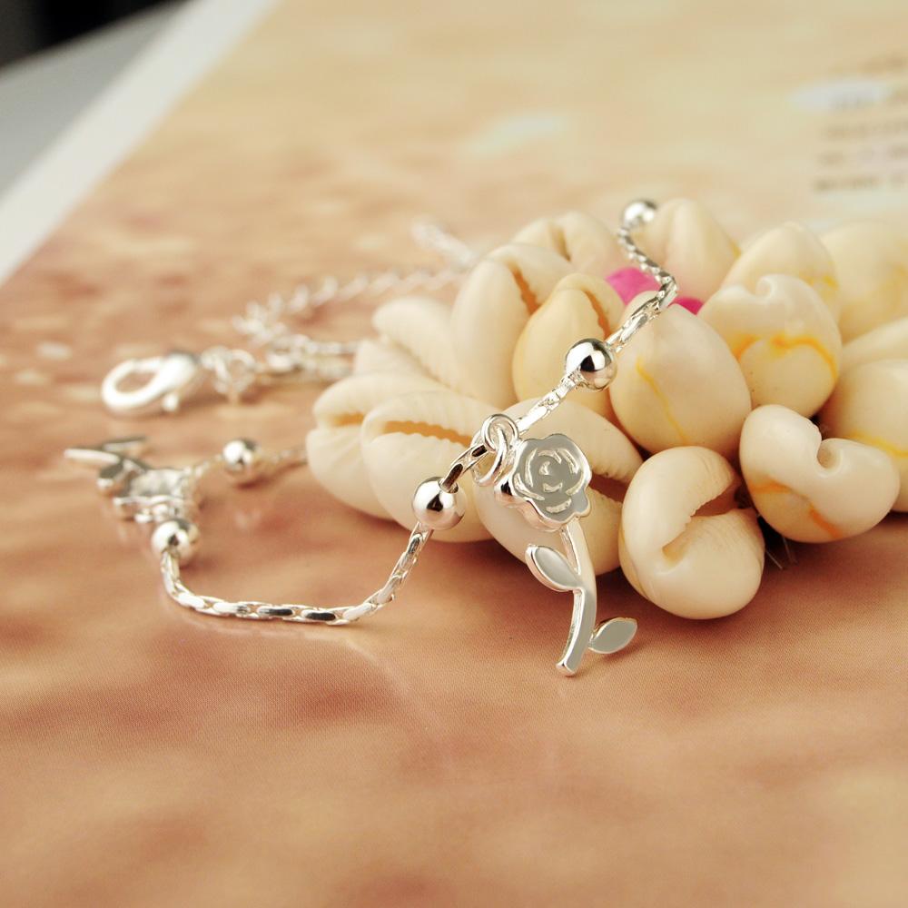 Simple Roses Pendant Anklets 100 %925 Sterling Silver Women Foot