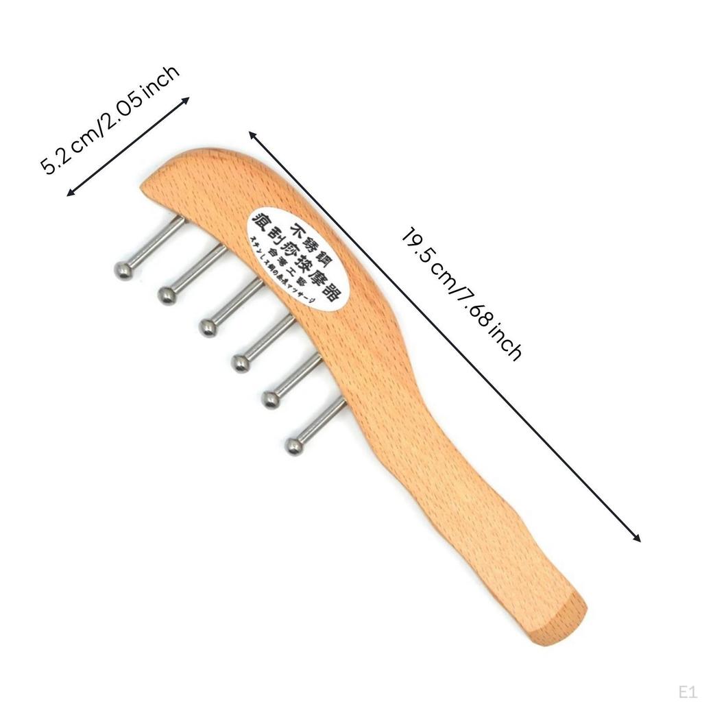 Wooden Massage Comb with Metal Pins Handheld Acupressure Stainless
