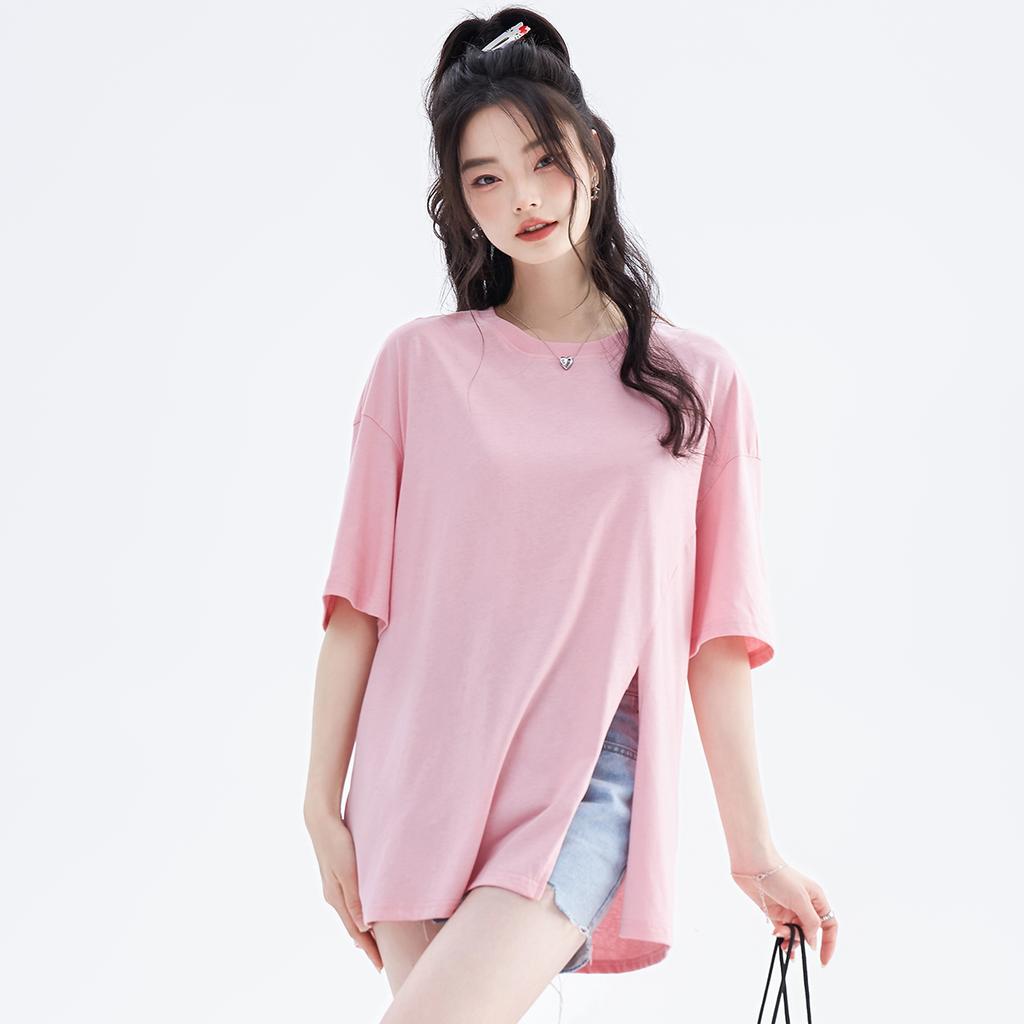 [Side Slit Fashionable Short Sleeved T-shirt for Women] Summer New College Style Mid Length Round Neck Top